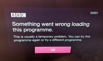 Why is my TV set showing an error code “02001” when trying to use 